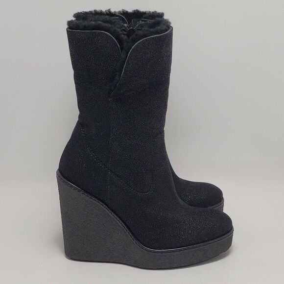 Moncler Womens Suede Glitter Wedge Platform Mid-Calf Shearling Snow Boots Size 7